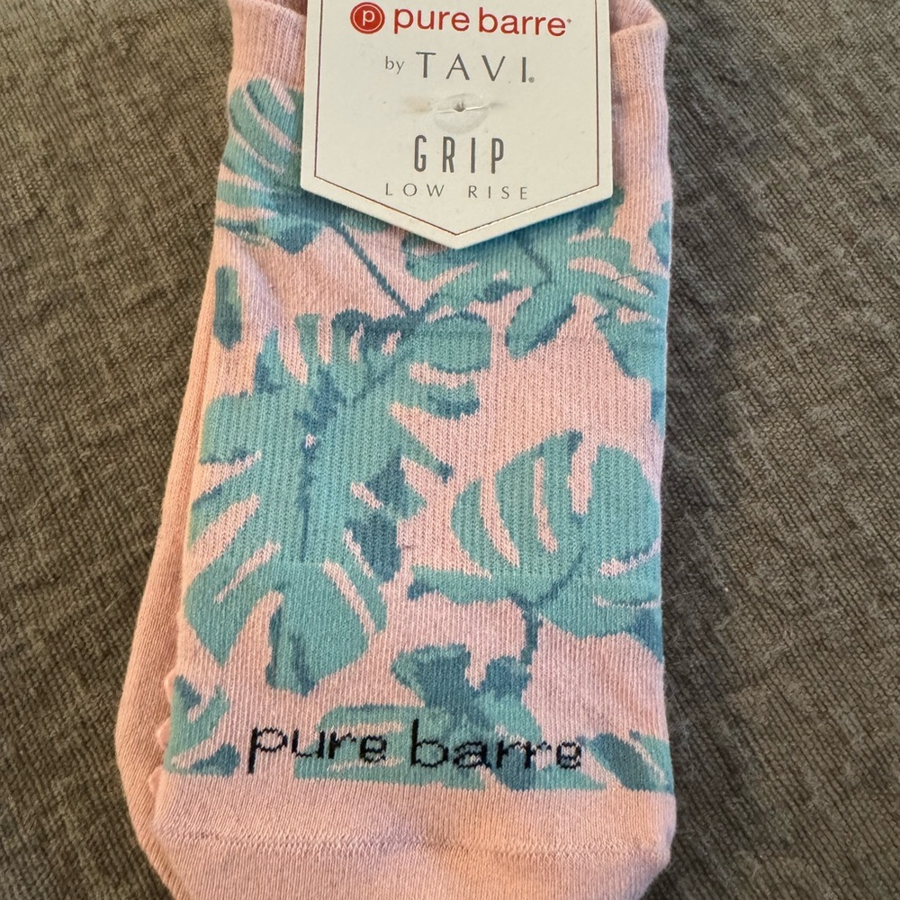 Pure Barre by Tavi Pink and Green Monstra leave Low rise Grip Socks